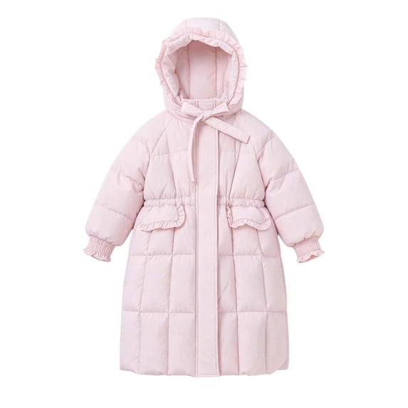 Hellosay Long Puffer Coat Girls Quilted Long Sleeve Hooded Jacket Winter Zip Up Ruffle Tie Front Outwear with Pockets
