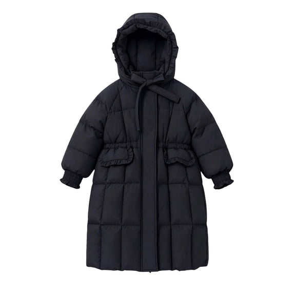 Hellosay Long Puffer Coat Girls Quilted Long Sleeve Hooded Jacket Winter Zip Up Ruffle Tie Front Outwear with Pockets