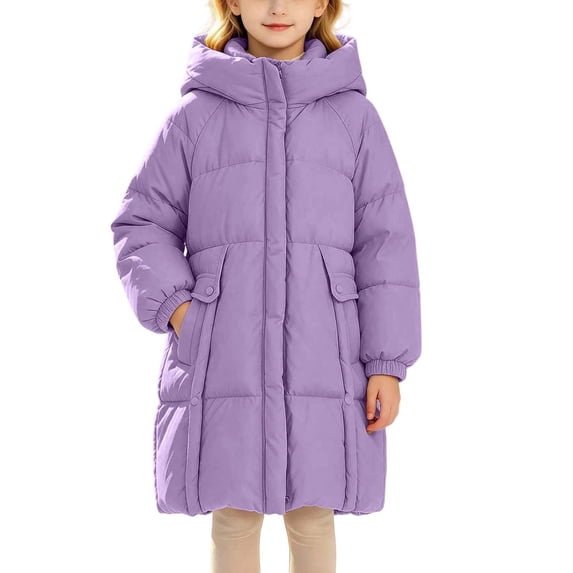 Hellosay Long Puffer Coat Girls Quilted Long Sleeve Hooded Jacket Winter Zip Up Tops Thick Casual Outwear with Pockets