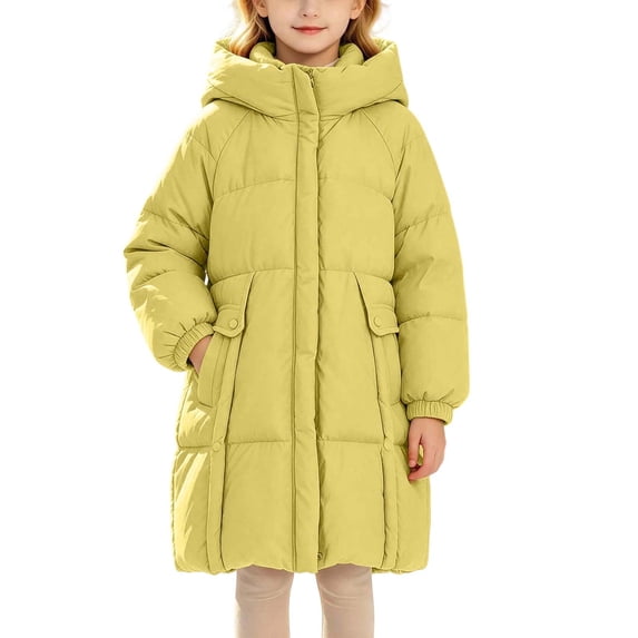 Hellosay Long Puffer Coat Girls Quilted Long Sleeve Hooded Jacket Winter Zip Up Tops Thick Casual Outwear with Pockets