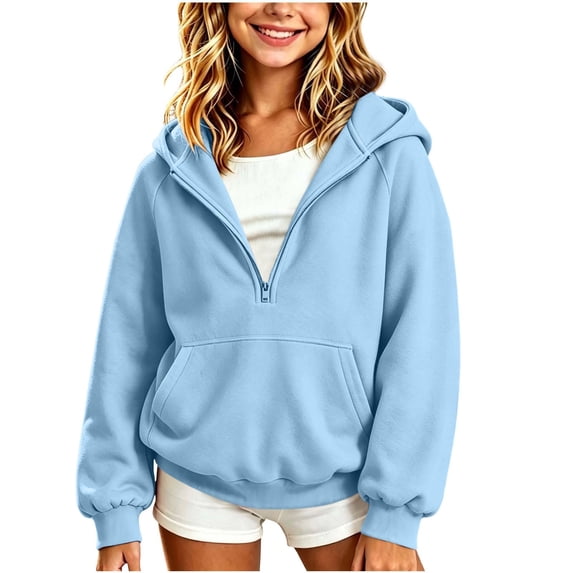Hellosay Quarter Zip Hoodie for Girls Size 9-10 Winter Long Sleeve Hooded Sweatshirt Outdoor Pullover Tops Blue