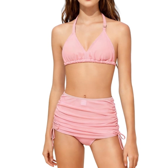 Hellosay Swimsuit Bikini Teen Girl 3 Piece Halter Swimwear Padded Drawstring Cover Up Holiday Bathing Suit Size 5-13
