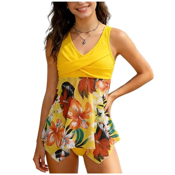 Hellosay Swimsuit with Shorts for Girls High Waist Tankini Twist Front Bathing Suit Floral Vacation Swimwear Size 2-12