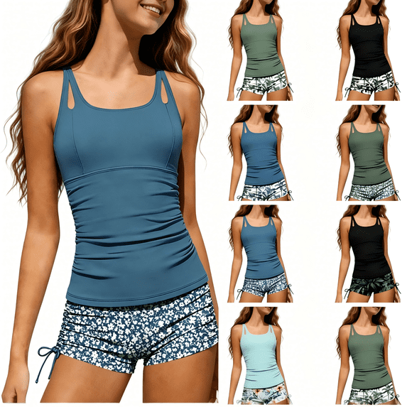 Hellosay Swimsuits for Teen Girls 2 Piece Padded Adjustable Straps Tankini Floral Bathing suit Surfing Swimwear Blue 130
