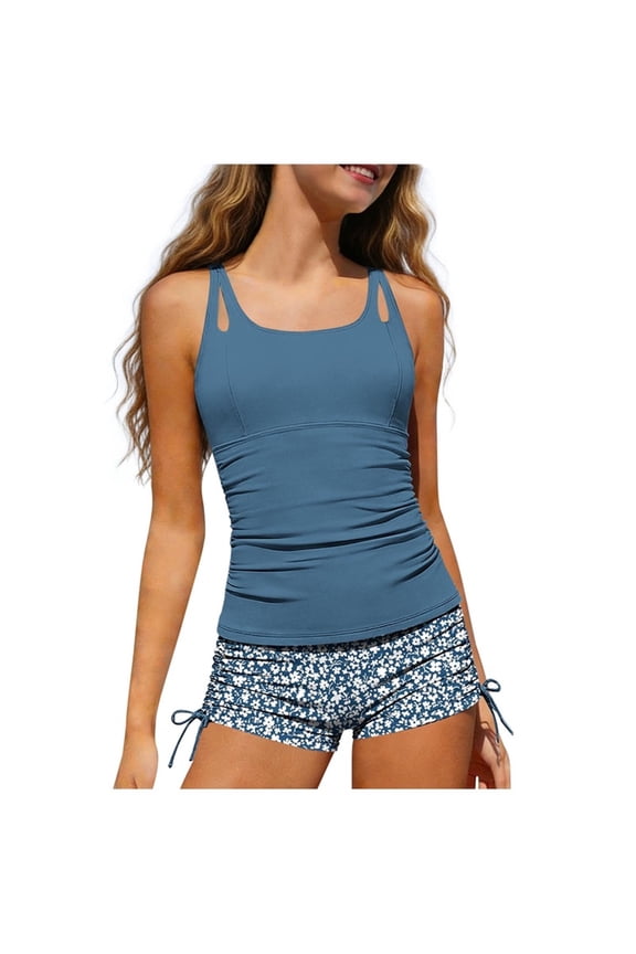 Swimsuits for Teen Girls 2 Piece Padded Adjustable Straps Tankini Floral Bathing suit Surfing Swimwear Blue 150