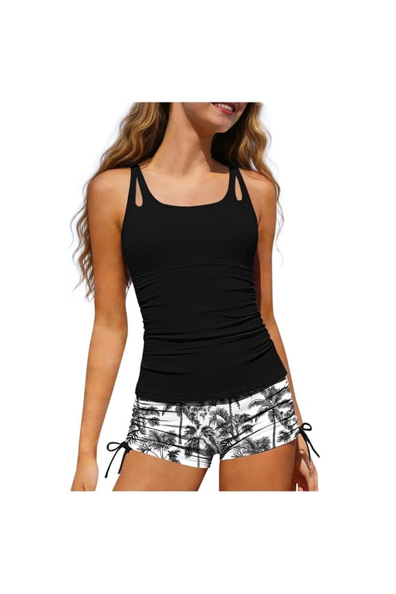 Teen Girl Swimsuits with Padding 2 Piece Adjustable Straps Tankini Shorts Bathing suit Surfing Swimwear Black