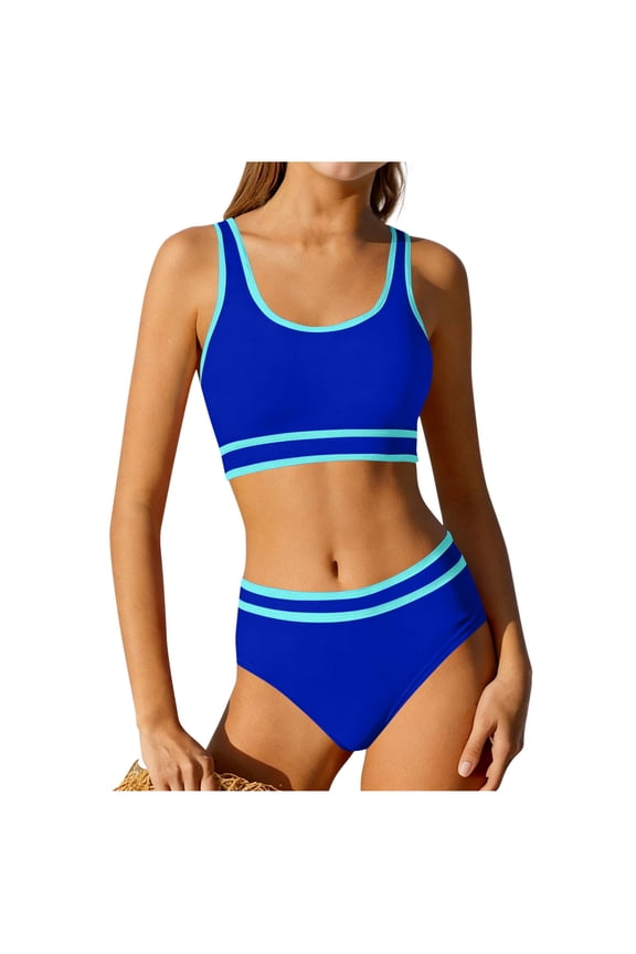 Teen Girl Swimsuits with Padding 2 Piece Sleeveless Bikini Solid Dress Style Swimwear Summer Bathing suit Blue