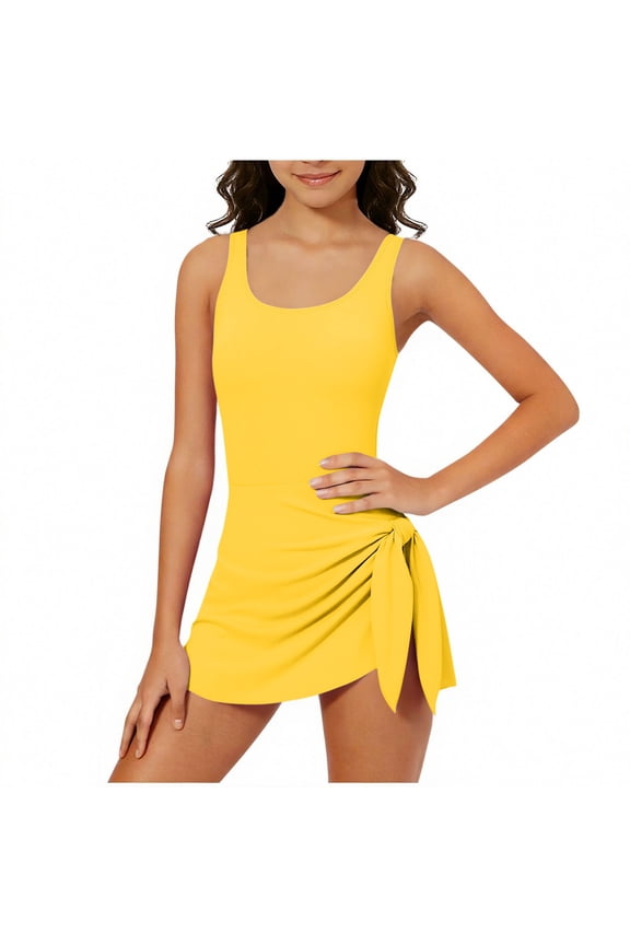 Teen Girl Swimsuits with Padding Sun Protection One Piece Solid Bathing suit Adjustsble Straps Swimwear Yellow