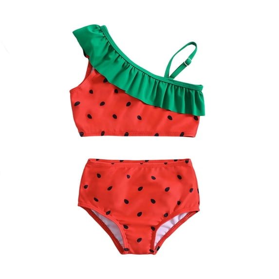 Hellosay Two Piece Swimsuits for Teens Ruffle One Shoulder Bikini Strawberries Bathing Suit Holiday Swimwear Size 80-130