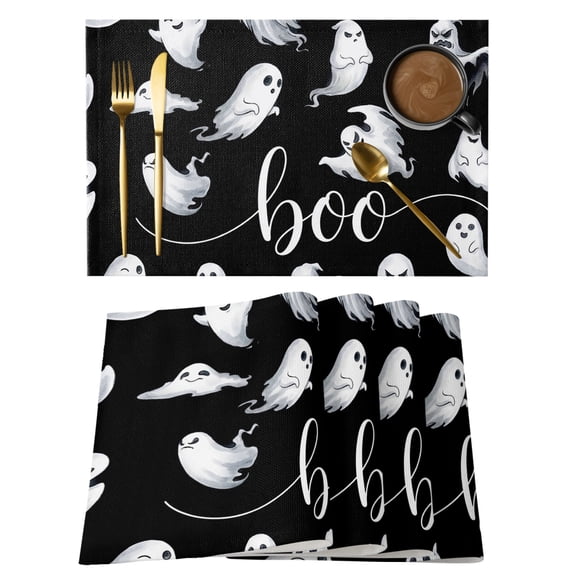 Helloween Placemats Set of 2 Boo Ghost Cute Spooky Black Place Mats Indoor Wipeable Table Mats Washable Cloth Dining Table Placemats for Kitchen Holiday Party Home Decor 13x19 Inch
