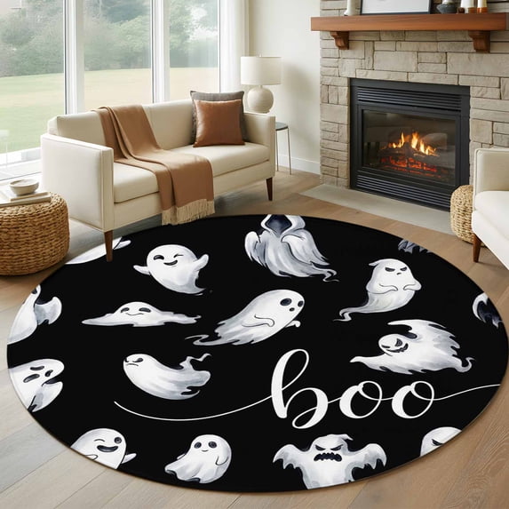 Helloween Round Area Rug 7Ft Washable Circle Rugs for Dorm Laundry Room, Boo Ghost Cute Spooky Black Non-Slip Carpet Floor Mats Indoor Outdoor Carpet Runner Aesthetic Home Decor