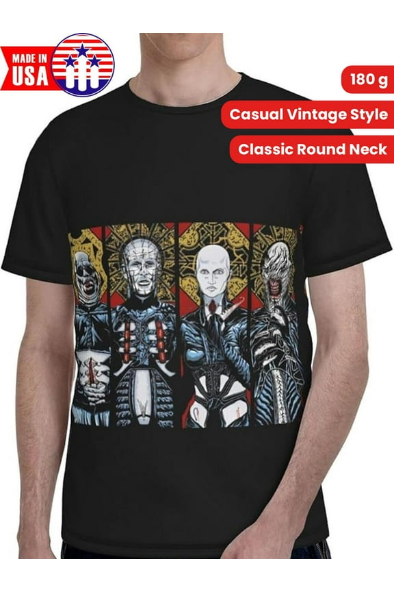 Hellraiser-Inspired Men's T-Shirt - 100% Made in USA, 180g Cotton, Short Sleeved, Full Width, Double-Sided Graphic Print, Casual Vintage Style Top, Casual Wear Tee|Classic Round Neck|100% Cotton