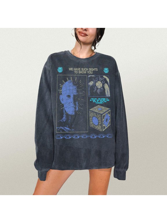 Hellraiser Pinhead Horror Movie Sweatshirt, Retro Slasher Spooky Graphic Pullover Sweatshirt Sizes S-5XL