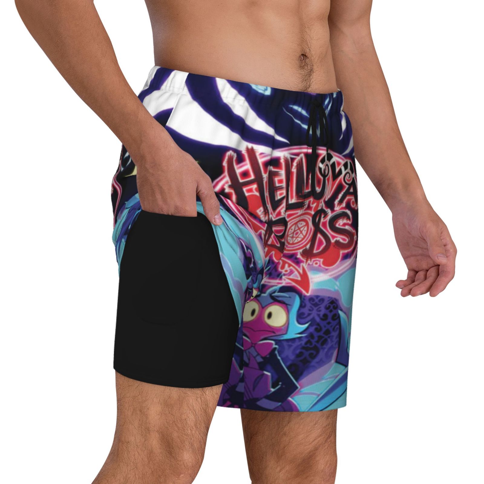 Helluva Boss Mens Swim Trunks With Compression Liner Quick Dry Swim