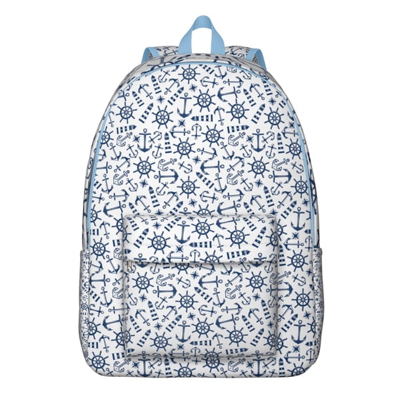 Helm Rudder Mast Sail Coast Travel Backpack – Lightweight Canvas Bookbag with Nautical Marine Pattern, Comfortable Carrying, Anti-theft Features for Students, Travelers, and Beach Trips