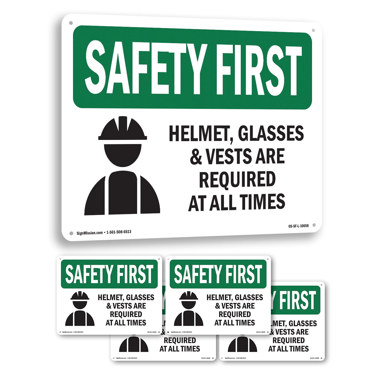 Helmet Glasses & Vests Are With Symbol OSHA SAFETY FIRST Aluminum Sign ...
