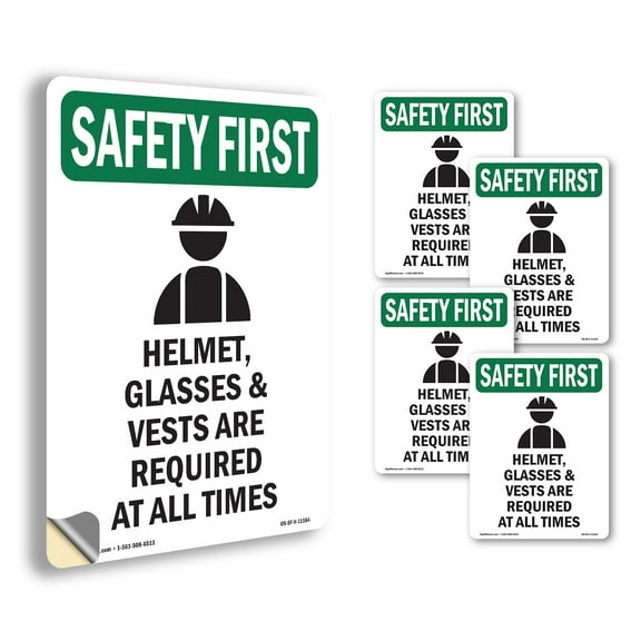 Helmet Glasses & With Symbol OSHA SAFETY FIRST Vinyl Decal Label 14 Inch x 10 Inch - 5 Pack