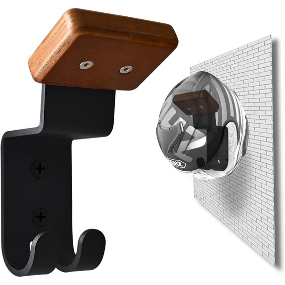 Helmet Holder Wall Mount, Motorcycle Gear Rack with 2 Key Hooks, Constructed with Solid Wood & Strong Steel for Bike Tactical Gear Baseball Football Skiing Helmet (1)