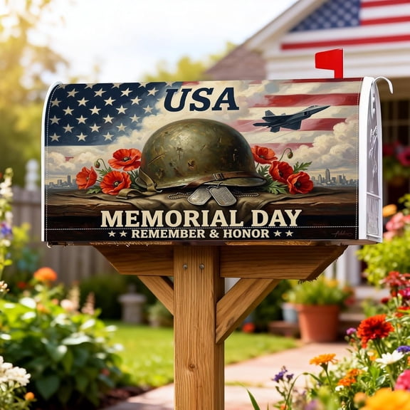 Helmet Magnetic Mailbox Covers, Patriotic Vintage Poppies Dog Tags Memorial Day Red Mail Box Covering for Front Porch Decor 18x21 Inch