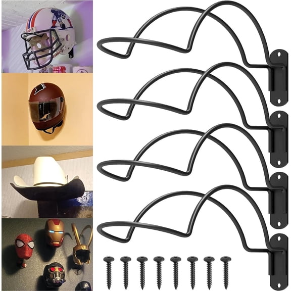 Helmet Wall Mount Display, Multifunctionnal Helmet Holder Shelf for Football Baseball Rugby Equestrian Motorcycle Firefighter Roma, Hat Mask Metal Hanger Rack with Screws, 4 Pack