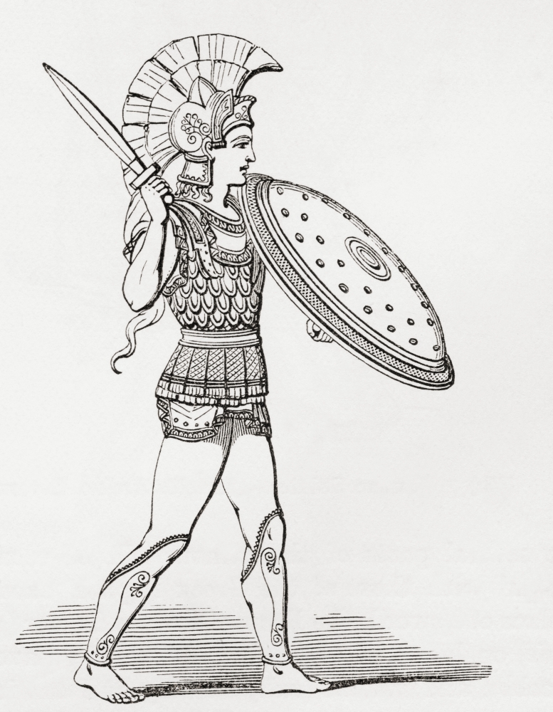 Helmeted Greek warrior wearing greaves and armour holding a Clipeus shield and sword From The Imperial Bible Dictionary published 1889 Canvas Art - Ken Welsh Design Pics (12 x 15)