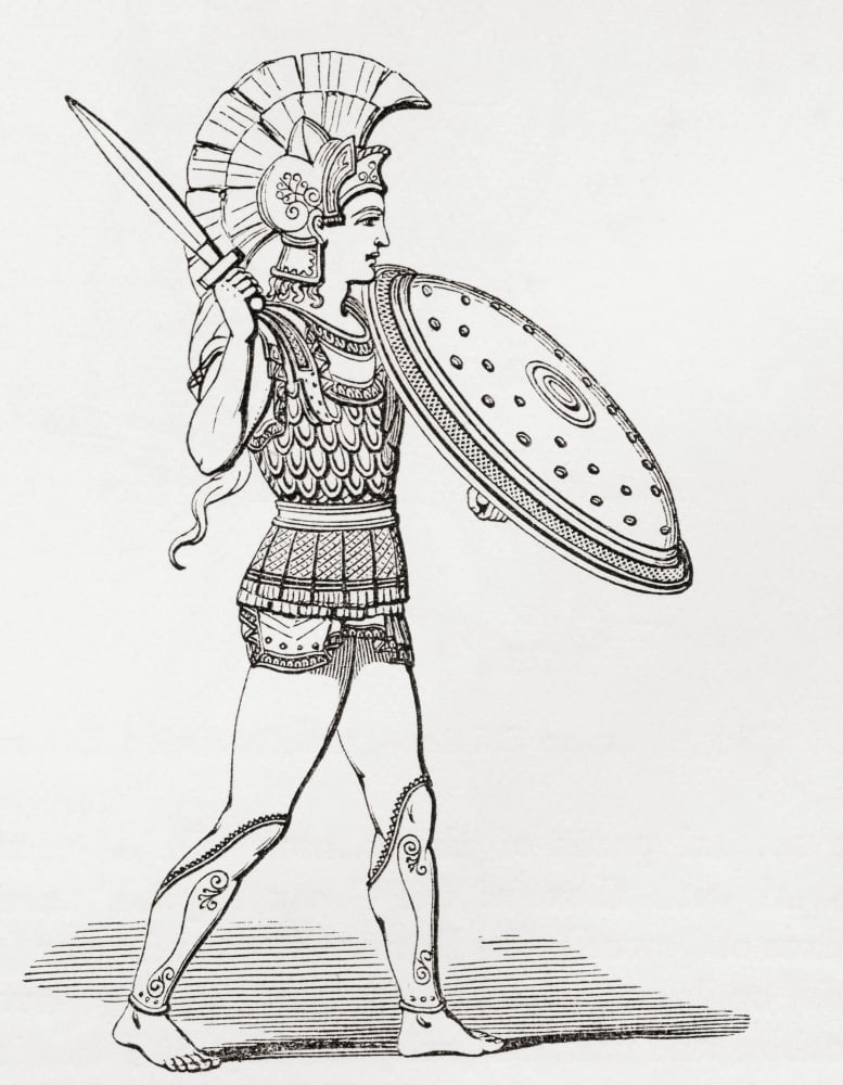 Helmeted Greek warrior wearing greaves and armour holding a Clipeus shield and sword From The Imperial Bible Dictionary published 1889 Canvas Art - Ken Welsh Design Pics (24 x 30)