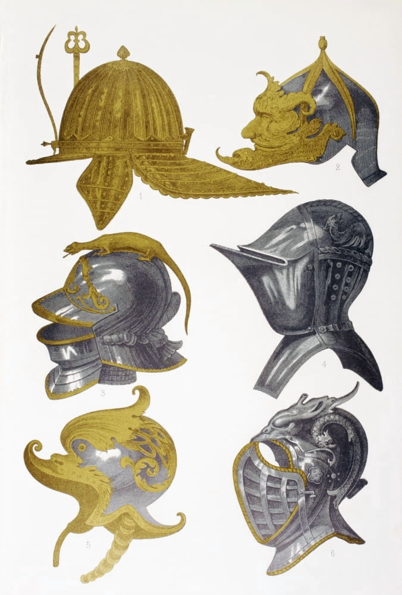 Helmets 1 Post-Renaissance Capeline Helmet 2 Morion Helmet 3 4 And 6 Visored Helmets 5 Decorated Helmet From Les Artes Au Moyen Age Published Paris 1873 Canvas Art - Ken Welsh Design Pics (12 x 17)