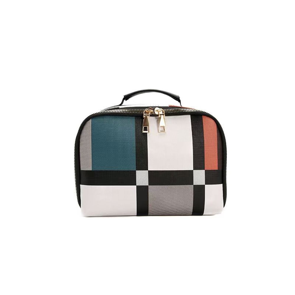 Grid Blocking Travel Toiletry Bag for Women,Portable Pouch Open Flat Makeup Organizer with Handle