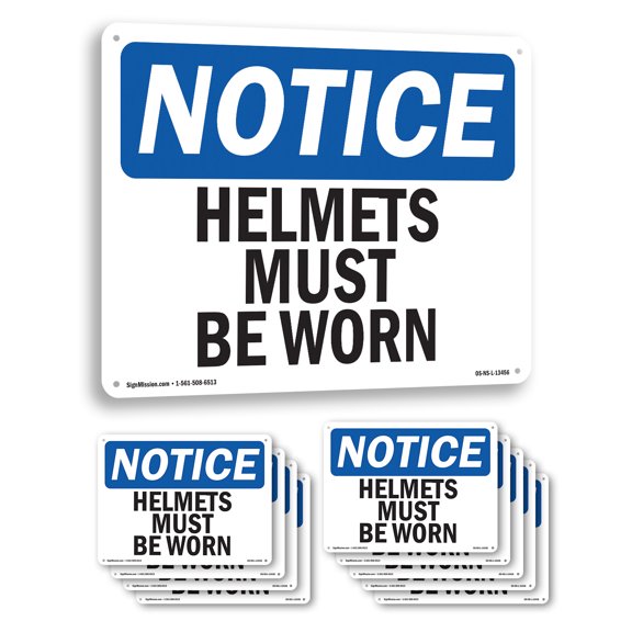 Helmets Must Be Worn OSHA Notice Rigid Plastic Sign 10 Inch x 7 Inch - 10 Pack