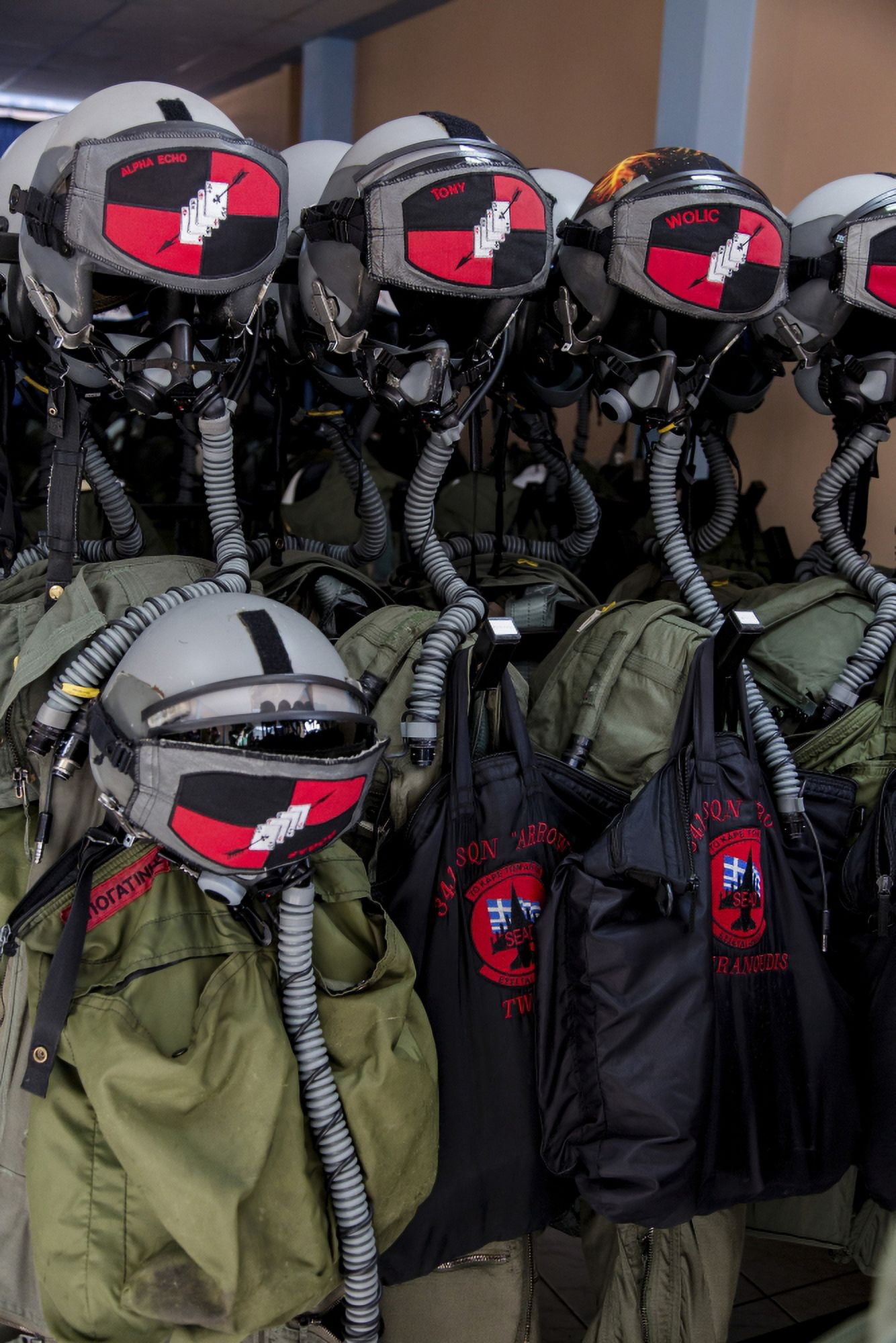 Helmets and flight gear of Hellenic Air Force pilots Canvas Art - Timm ZiegenthalerStocktrek Images (23 x 34)