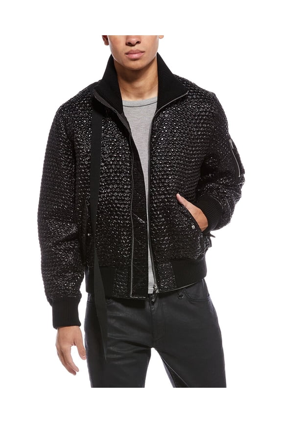 mens Seatbelt Silk-Blend Bomber Jacket, m, Black