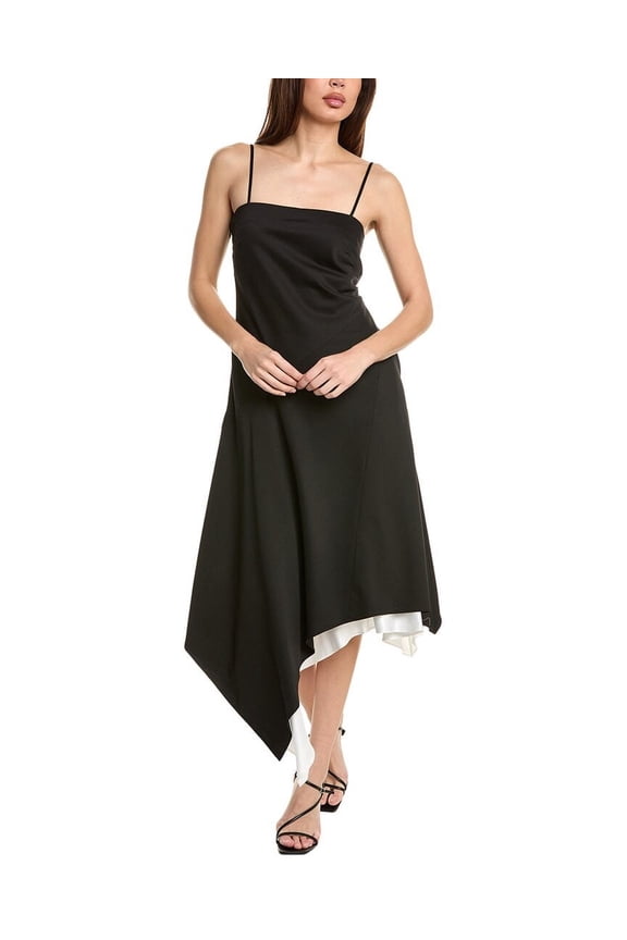 womens Angled Hem Wool Midi Dress, 0, Black