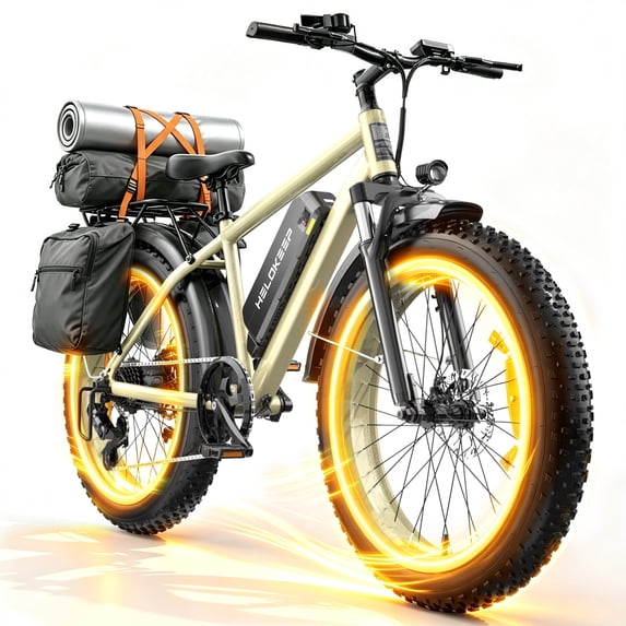 Helokeep 26P Electric Bike for Adults - 26" Ebike, 48V 15AH UL 2849 Battery, 20MPH, Front Suspension, Adjustable Seat, 330lbs Capacity, Desert Sand