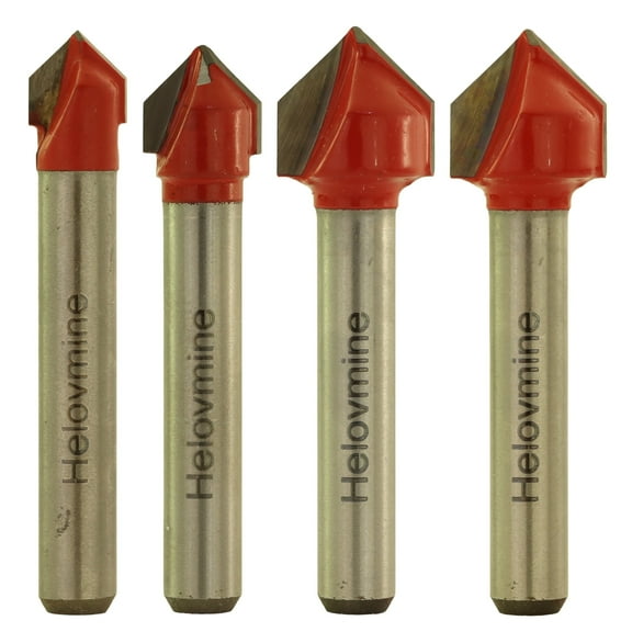Helovmine 1/4 inch Shank 90 Degree V Groove Router Bit 2-Flute CNC Engraving Bit Chamfer and Bevel Bit Carbide Tipped Woodworking Tool- 1/2", 3/4", 7/8", 1"