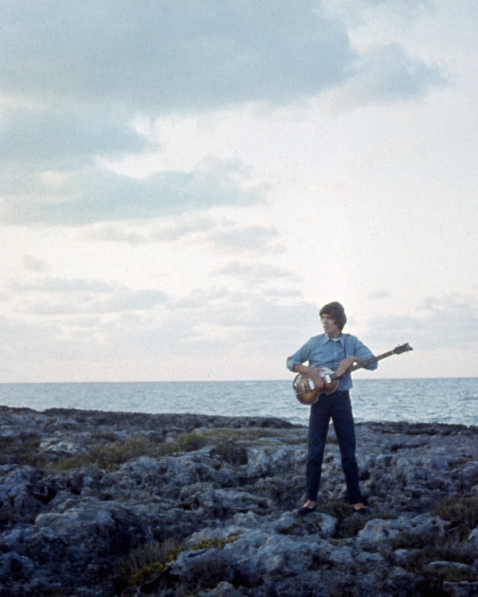 Help! George Harrison iconic guitar on Bahamas beach The Beatles movie ...