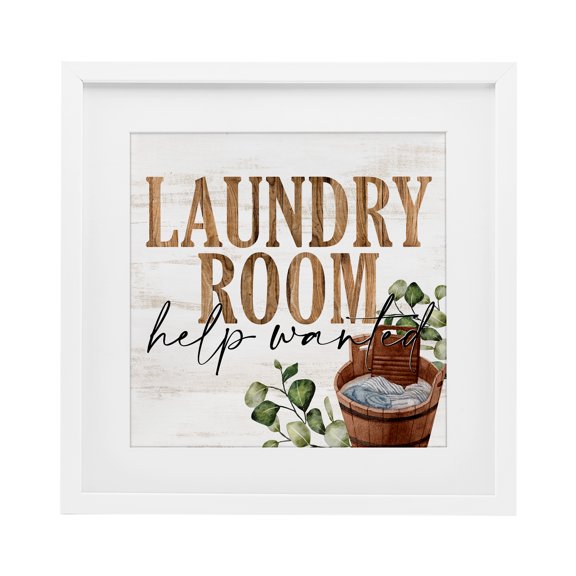 Help Wanted Rustic Laundry Room White Framed Print Under Glass, design by Kim Allen