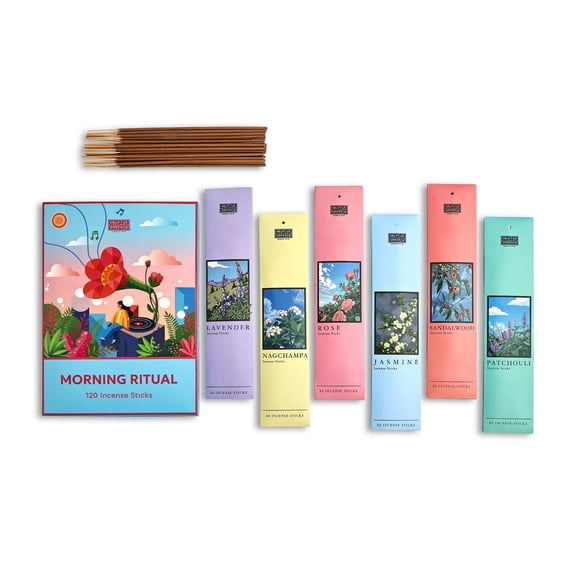 HelpUsGreen Morning Rituals Incense Sticks, 120 Sticks, Set of 6 Classic Scents, Charcoal-Free Hand-Rolled, Made from Recycled Flowers