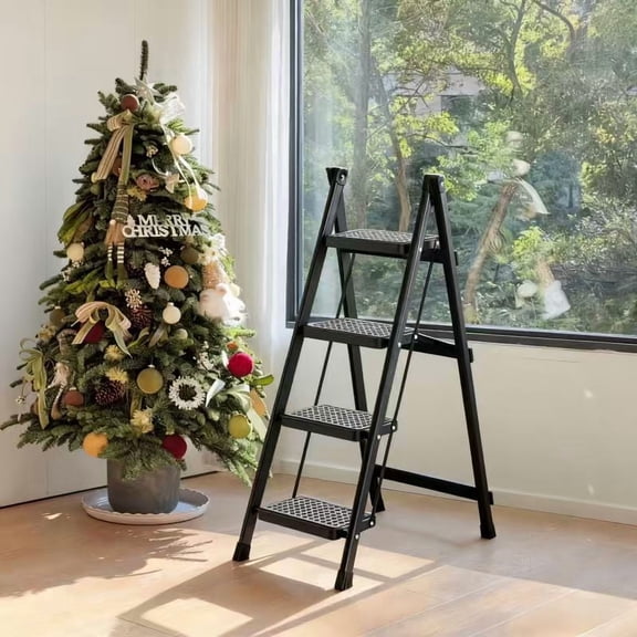 Helper 3-Step Folding Ladder with Non-Slip Steps & Sturdy A-Frame Design - Heavy-Duty Plastic/Metal Construction, Space-Saving Collapsible Christmas Tree Ladder for Indoor Holiday Decorating,