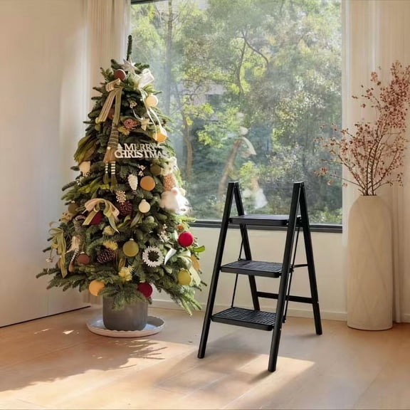 Helper 3-Step Folding Ladder with Non-Slip Steps & Sturdy A-Frame Design - Heavy-Duty Plastic/Metal Construction, Space-Saving Collapsible Christmas Tree Ladder for Indoor Holiday Decorating,