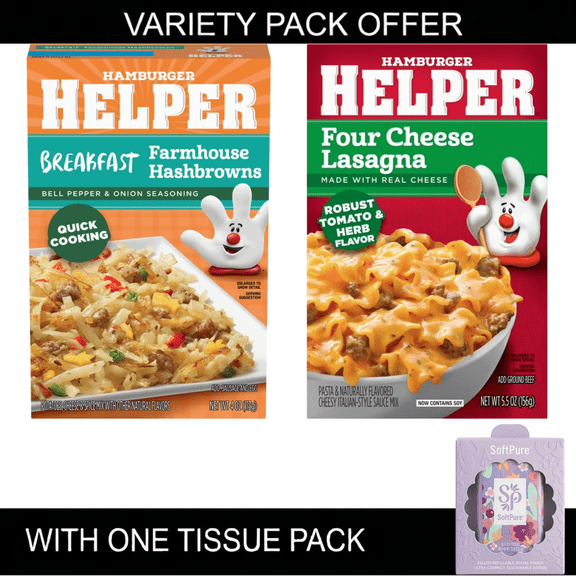 Helper Breakfast Farmhouse Hashbrowns with Bell Pepper & Onion Seasoning, 4oz | Hamburger Helper Pasta Four Cheese Lasagna, 5.5 Ounces