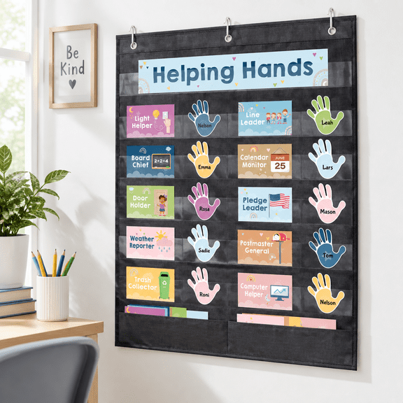 Helping Hands Classroom Jobs Pocket Chart with 62 Job Cards and 3 Hooks
