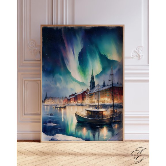 Helsinki Aurora Borealis Print, Finland Winter Harbor Poster, Unframed Poster Size 12x18 F03.1.21l685