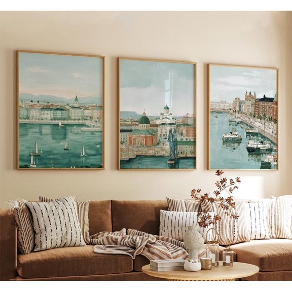 Helsinki Finland Blue Coastal City Wall Art Set 3 Stretched Canvas