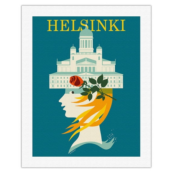 Helsinki Finland - Lutheran Cathedral - City Hall - Vintage Travel Poster by Martti Mykkanen c.1969 - Fine Art Rolled Canvas Print 20in x 26in