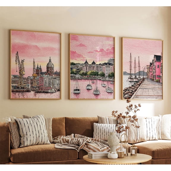 Helsinki Finland Pink Coastal City Wall Art Set 3 Stretched Canvas