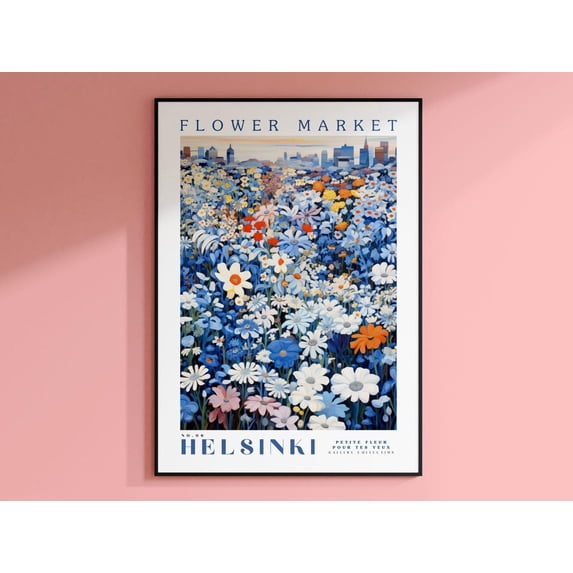 Helsinki Flower Market Poster, Helsinki Wall Art, Blue Marguerite Daisy Art, Blue Flowers Wall Decor, City Skyline, Finland Travel Art Wall Art, Modern Wall Decor For Living Room, 16x24 UNFRAMED