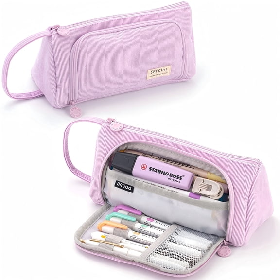 Heluo.Zu Large Capacity Pencil Case,Corduroy Pencil Bag Pencil Boxes Simple Colored Pencils Pouch for Students Stationary,Purple-Pink