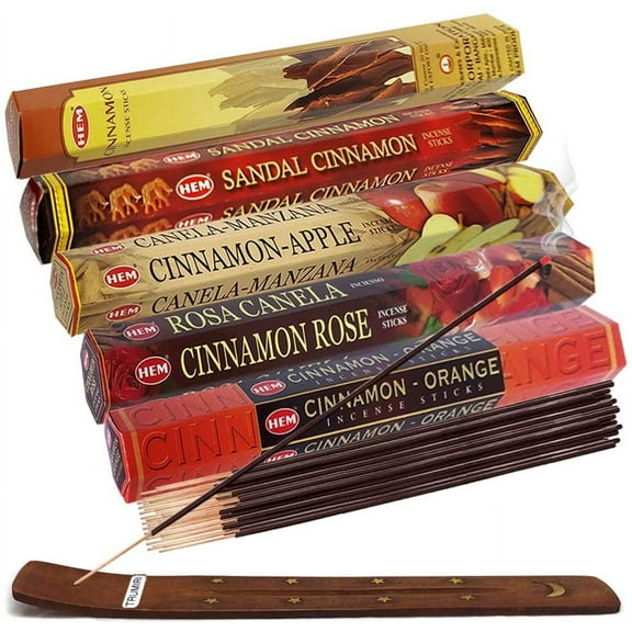 Hem Incense Sticks Variety Pack #8 And Incense Stick Holder Bundle With 5 Cinnamon Based Fragrances