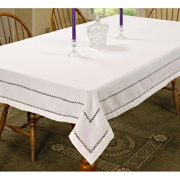 Hem Stitch Border Vintage Design Tablecloth White 60" by 84" Oblong / Rectangle