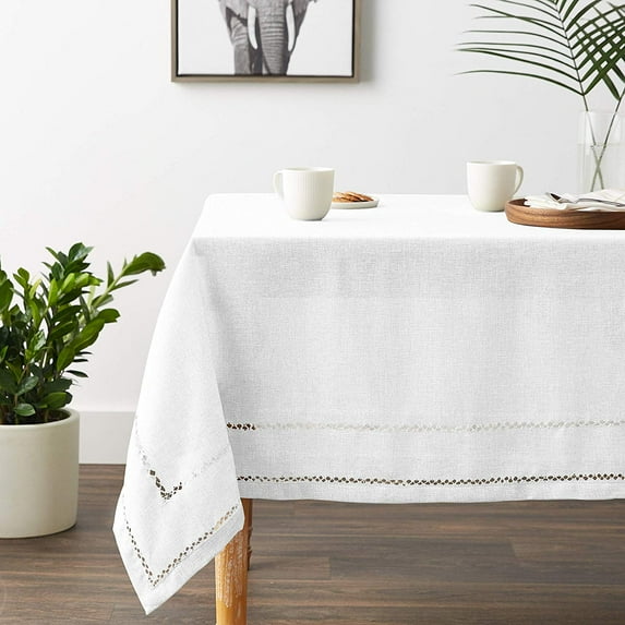 Hem Stitch Border Vintage Design Tablecloth White 68" by 108" Oblong / Rectangle